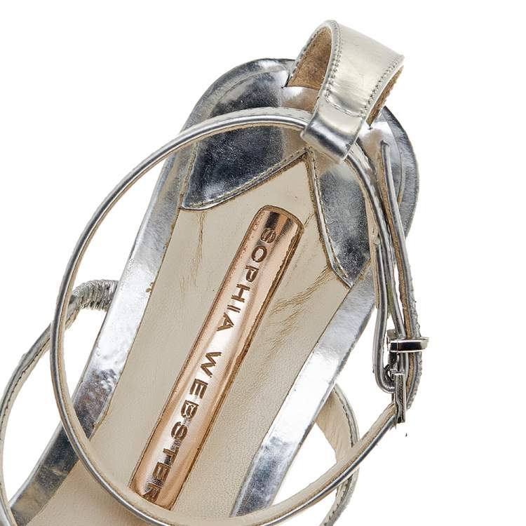 Pre Owned Sophia Webster Silver Leather Rosalind Crystal Heel Ankle Strap Sandals Size 38