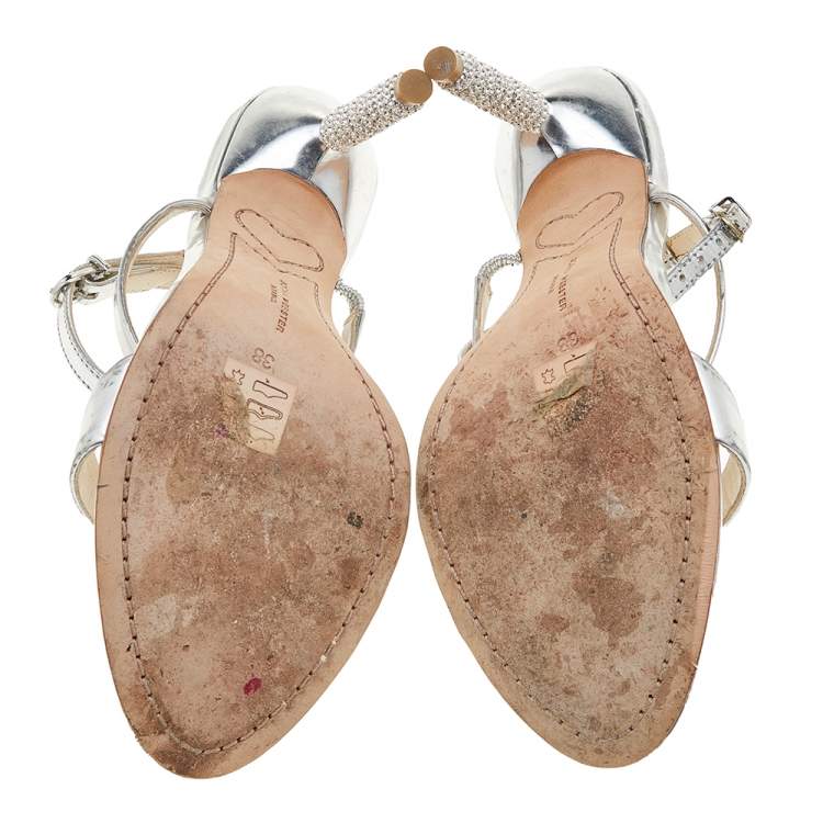 Pre Owned Sophia Webster Silver Leather Rosalind Crystal Heel Ankle Strap Sandals Size 38