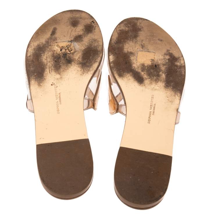Pre Owned Sophia Webster Metallic Rose Gold Leather And PVC Madame Butterfly Flat Slide Size 38