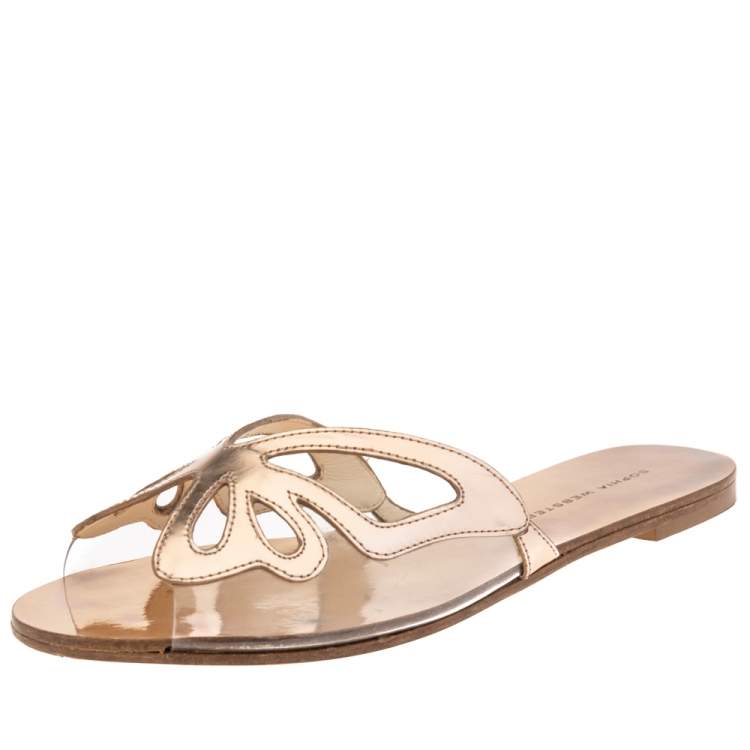 Pre Owned Sophia Webster Metallic Rose Gold Leather And PVC Madame Butterfly Flat Slide Size 38
