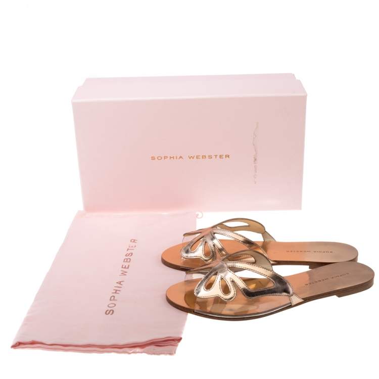 Pre Owned Sophia Webster Metallic Rose Gold Leather And PVC Madame Butterfly Flat Slide Size 38