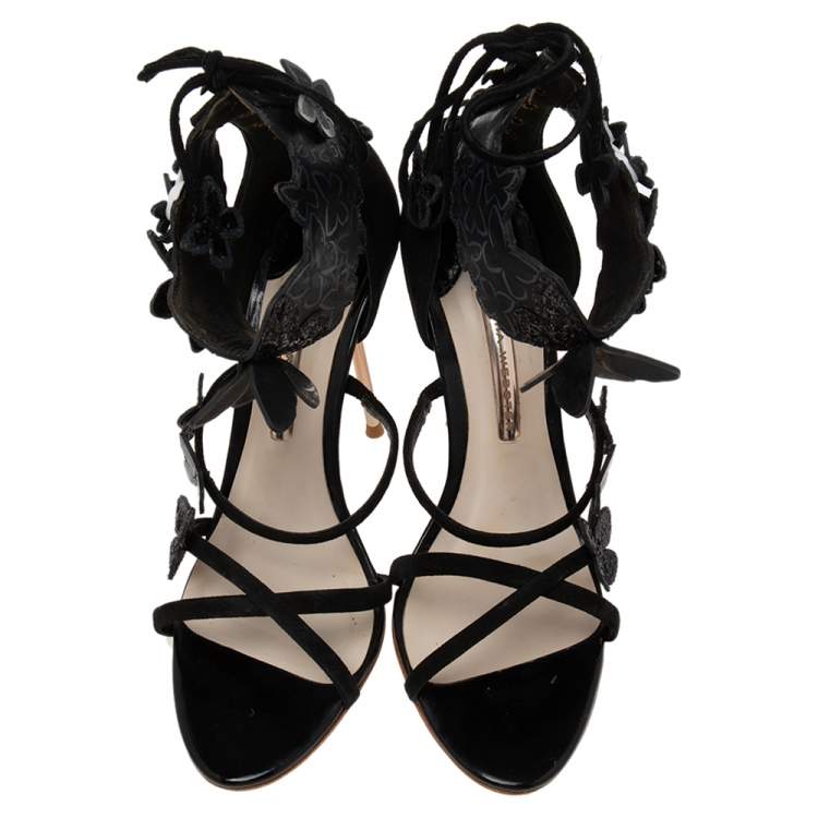Pre Owned Sophia Webster Black  Suede And Patent Floral Embroidered Ankle Strap Sandals Size 39