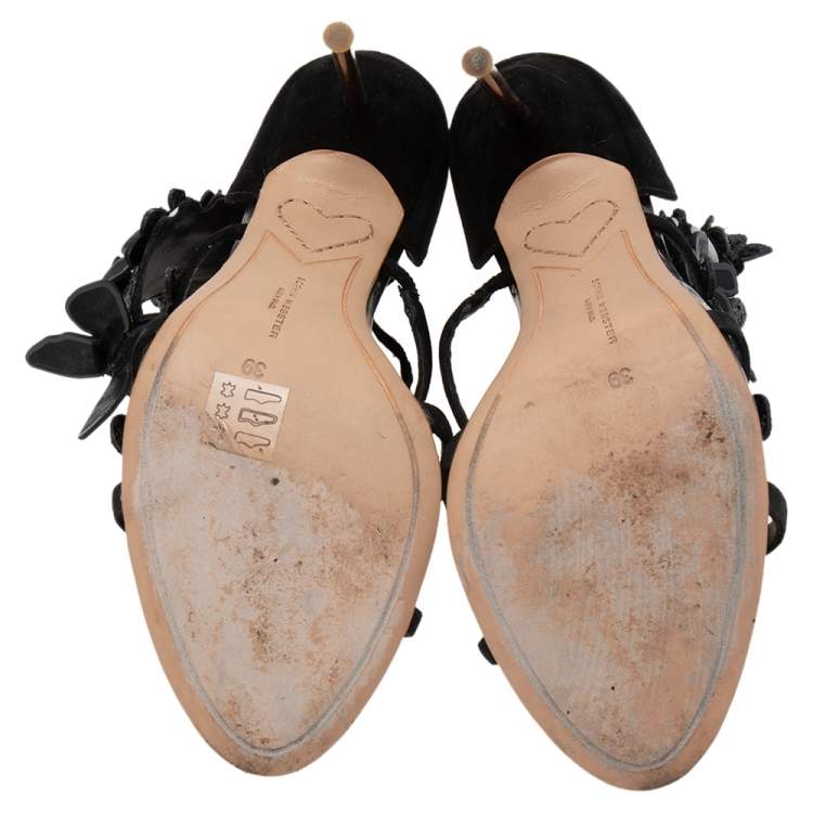 Pre Owned Sophia Webster Black  Suede And Patent Floral Embroidered Ankle Strap Sandals Size 39