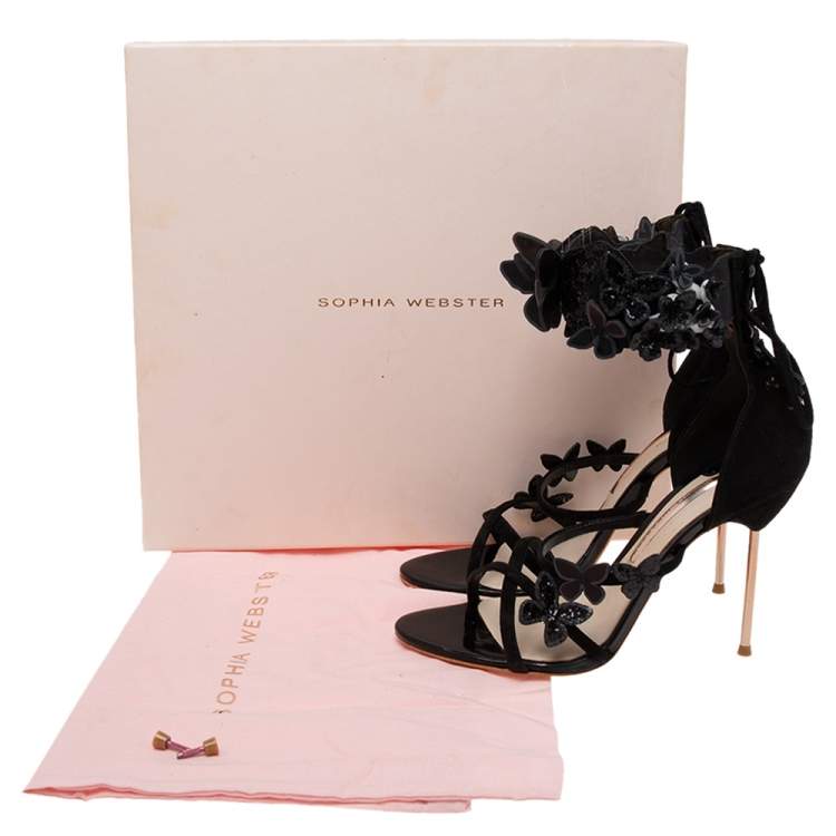 Pre Owned Sophia Webster Black  Suede And Patent Floral Embroidered Ankle Strap Sandals Size 39