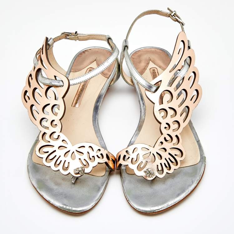 Pre Owned Sophia Webster Metallic Bronze/Silver Leather Seraphina Angel Wing Flat Sandals Size 39