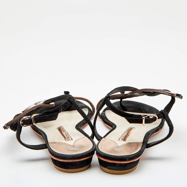 Pre Owned Sophia Webster Metallic Rose Gold/Black Leather and Suede Seraphina Angel Wing Flat Sandals Size 39.5