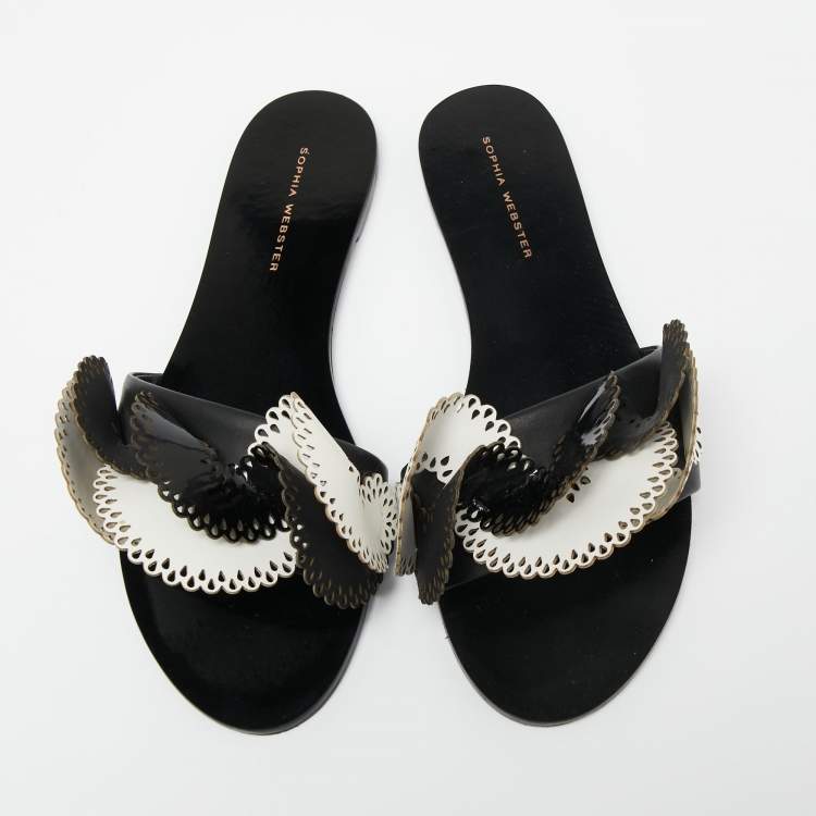 Pre Owned Sophia Webster Black/White Leather And Patent Laser Cut Soleil Flat Sandals Size 40.5