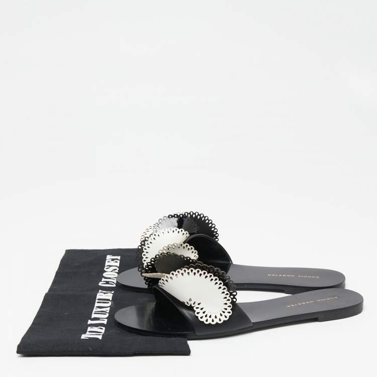 Pre Owned Sophia Webster Black/White Leather And Patent Laser Cut Soleil Flat Sandals Size 40.5