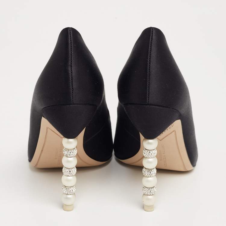 Pre Owned Sophia Webster Black Satin Coco Crystal Embellished Heel Pumps Size 39.5
