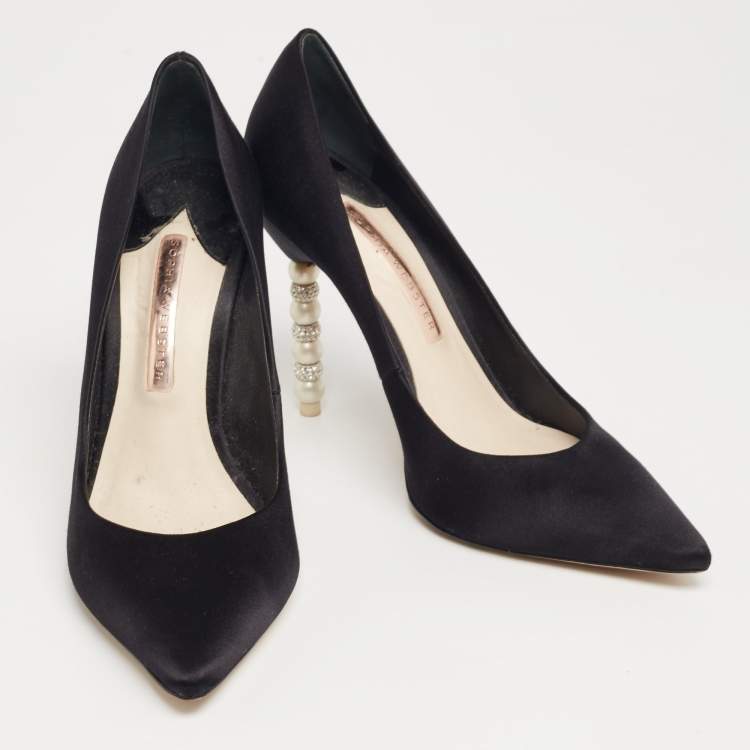 Pre Owned Sophia Webster Black Satin Coco Crystal Embellished Heel Pumps Size 39.5