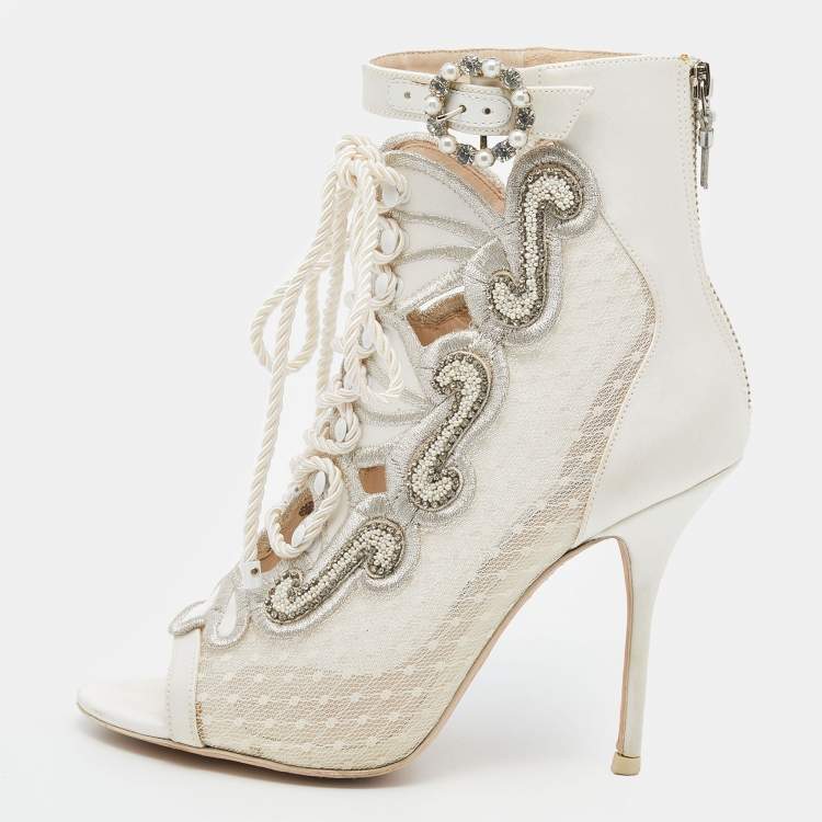 Pre Owned Sophia Webster White Satin And Lace Selina Booties Size 39