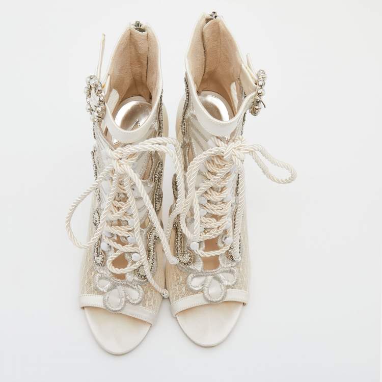Pre Owned Sophia Webster White Satin And Lace Selina Booties Size 39