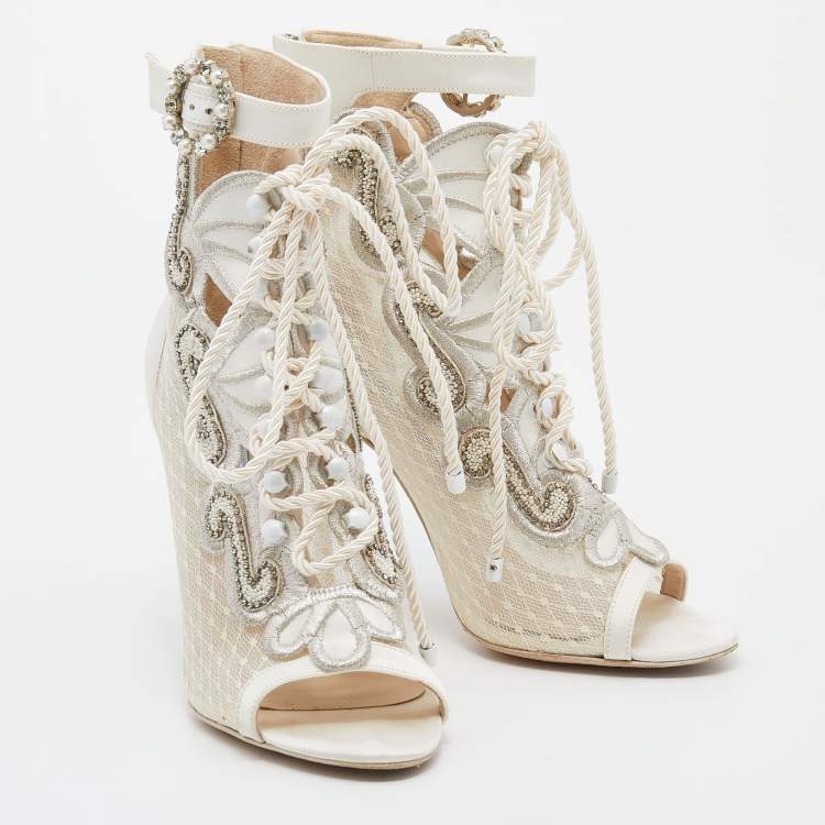 Pre Owned Sophia Webster White Satin And Lace Selina Booties Size 39