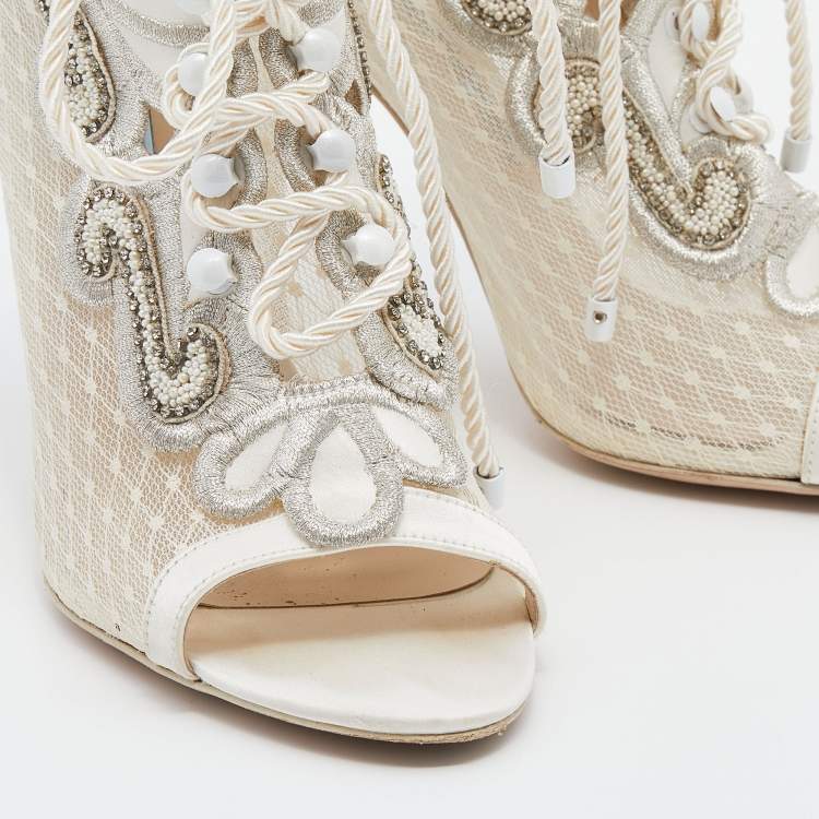 Pre Owned Sophia Webster White Satin And Lace Selina Booties Size 39