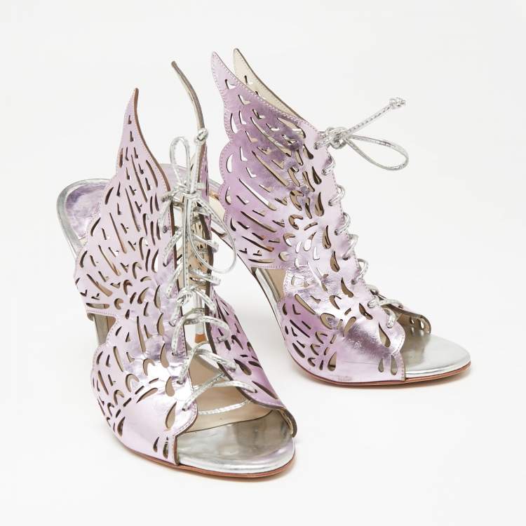 Pre Owned Sophia Webster Metallic Purple Laser Cut Foil Leather Cherub Winged Lace Up Mule Sandals Size 39