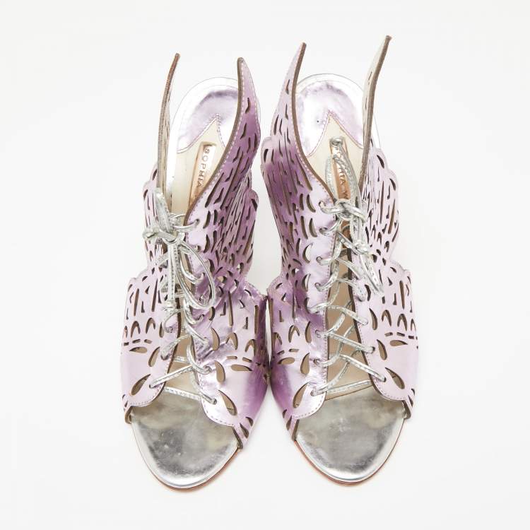 Pre Owned Sophia Webster Metallic Purple Laser Cut Foil Leather Cherub Winged Lace Up Mule Sandals Size 39