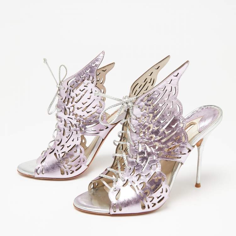 Pre Owned Sophia Webster Metallic Purple Laser Cut Foil Leather Cherub Winged Lace Up Mule Sandals Size 39