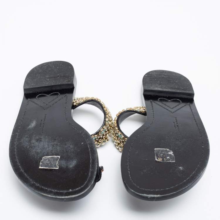 Pre Owned Sophia Webster Black Leather Crystal Embellished Slide Flats Size 36