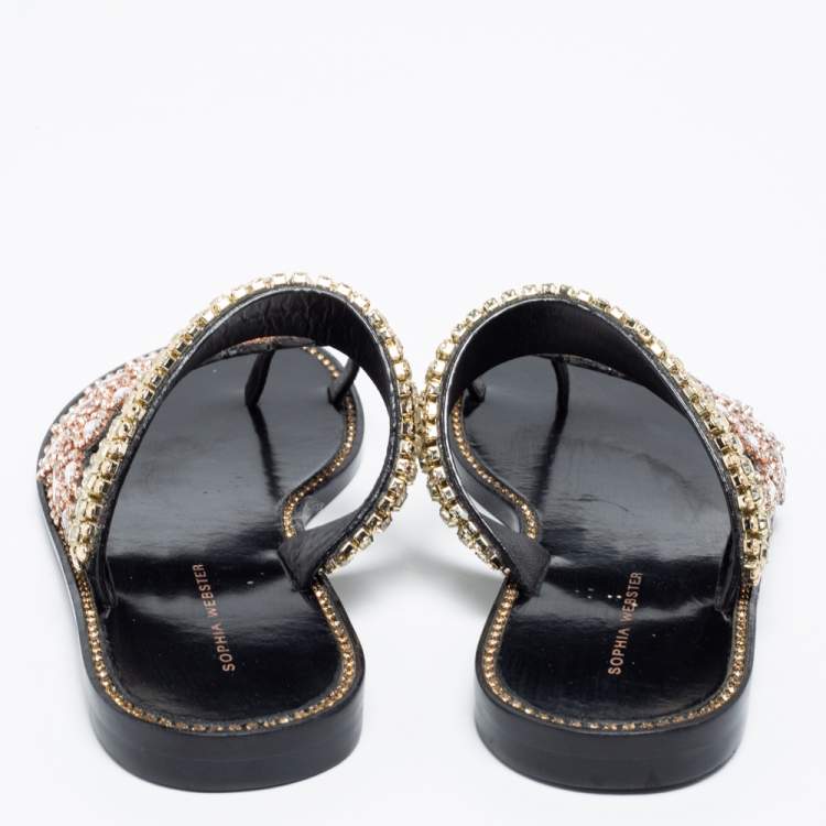 Pre Owned Sophia Webster Black Leather Crystal Embellished Slide Flats Size 36