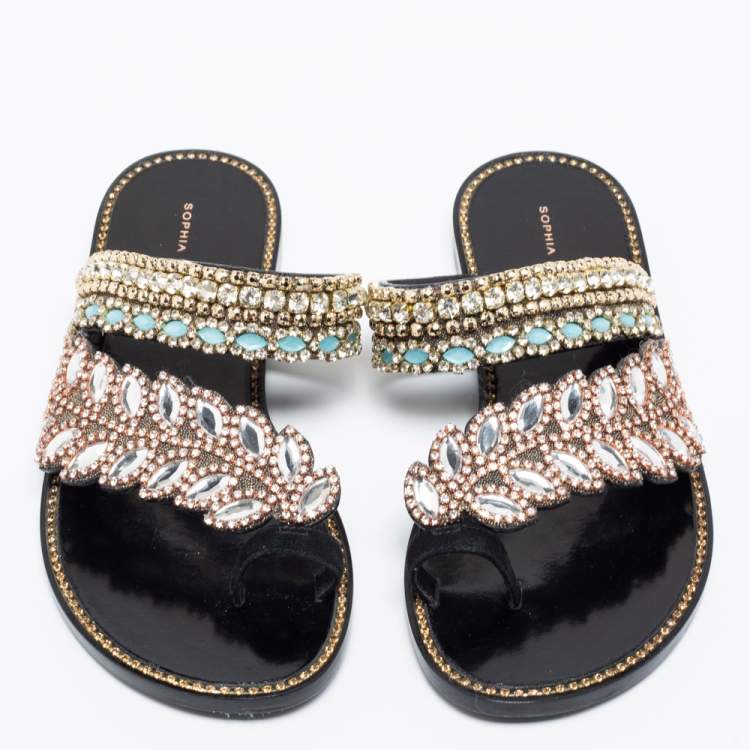 Pre Owned Sophia Webster Black Leather Crystal Embellished Slide Flats Size 36