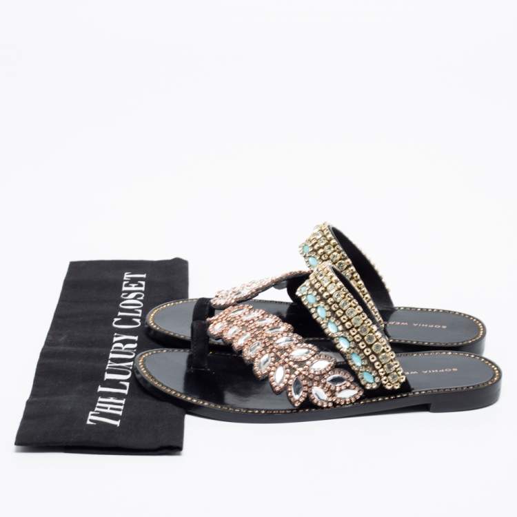 Pre Owned Sophia Webster Black Leather Crystal Embellished Slide Flats Size 36