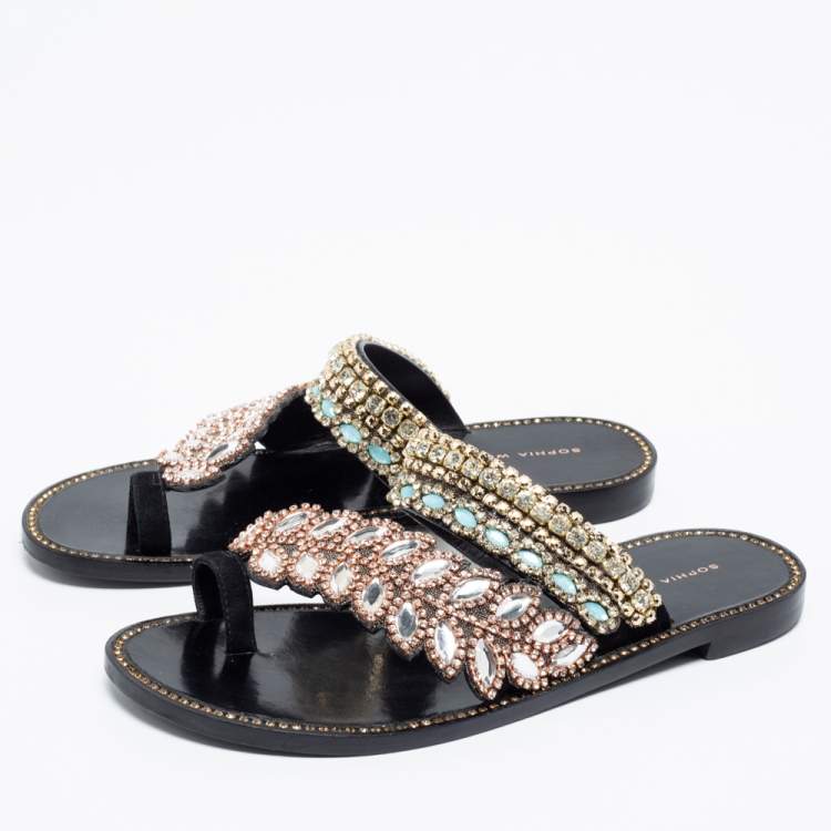 Pre Owned Sophia Webster Black Leather Crystal Embellished Slide Flats Size 36