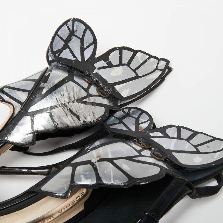 Pre Owned Sophia Webster Black/Silver Leather and Suede Chiara Ankle-Strap Sandals Size 38