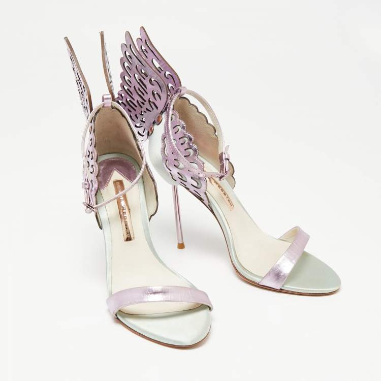 Pre Owned Sophia Webster Mint Green/Lilac Satin and Leather Evangeline Ankle-Strap Sandals Size 38