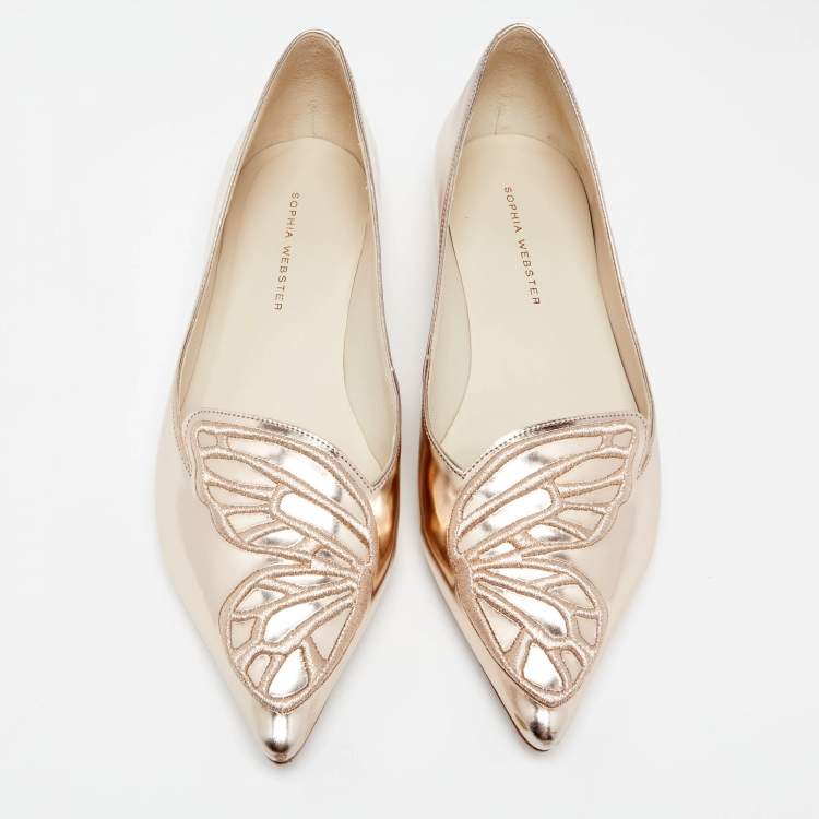 Pre Owned Sophia Webster Metallic Rose Gold Leather Bibi Butterfly Pointed Toe Ballet Flats Size 37.5