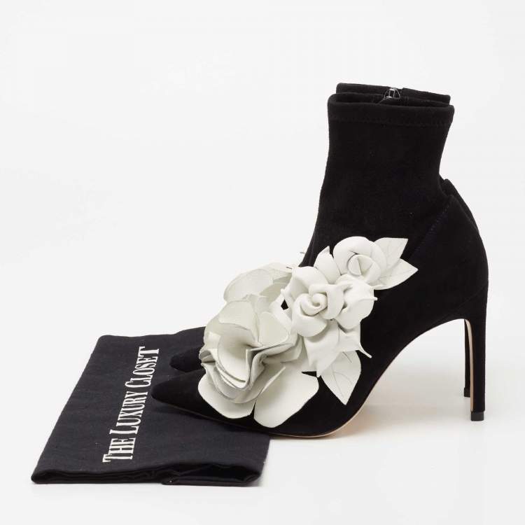 Pre Owned Sophia Webster Black Suede Jumbo Lilico Floral Applique Ankle Boots Size 36.5
