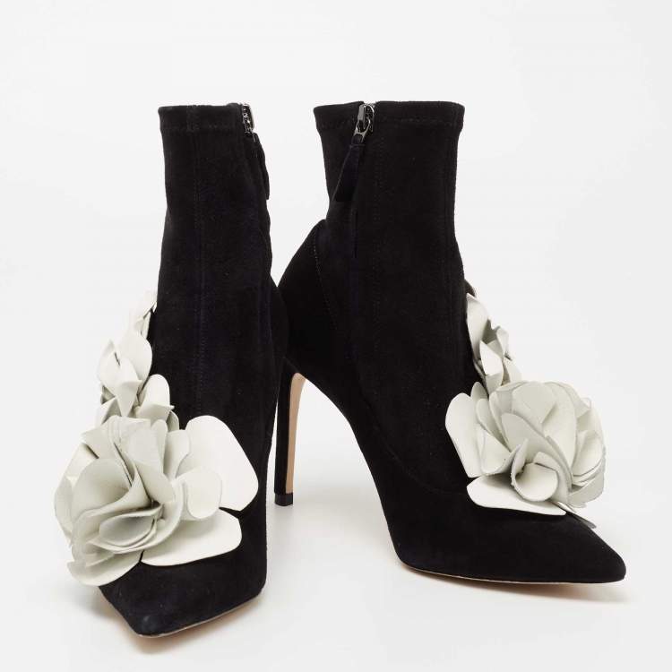Pre Owned Sophia Webster Black Suede Jumbo Lilico Floral Applique Ankle Boots Size 36.5
