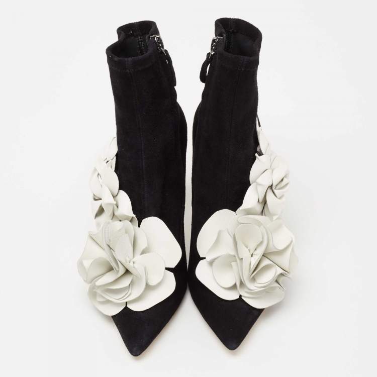 Pre Owned Sophia Webster Black Suede Jumbo Lilico Floral Applique Ankle Boots Size 36.5