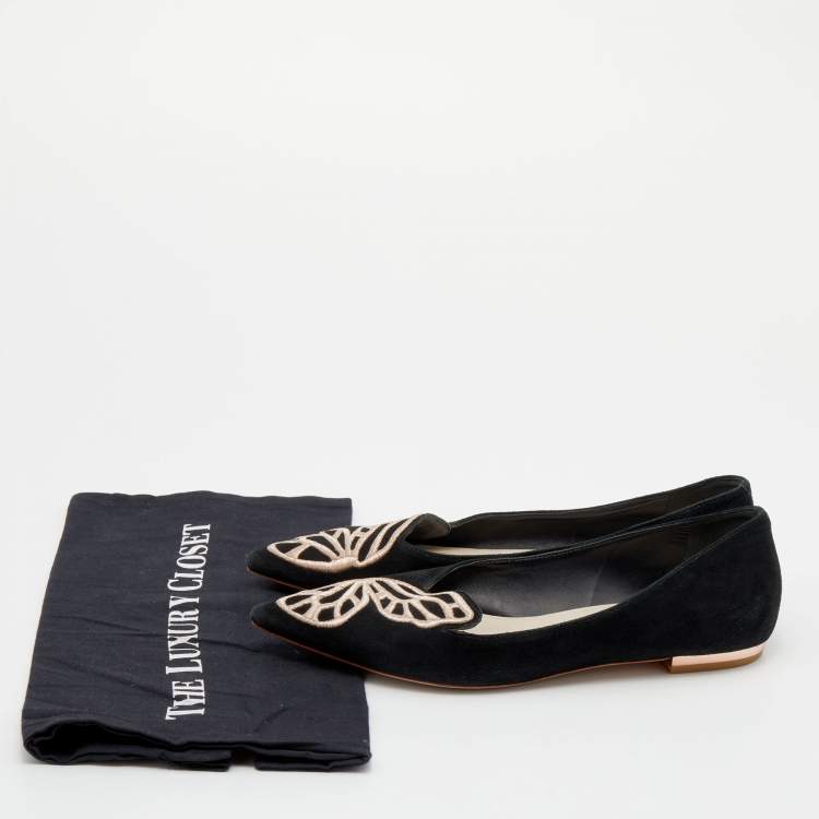 Pre Owned Sophia Webster Black Embroidered Suede Bibi Butterfly Pointed Toe Ballet Flats Size 39.5