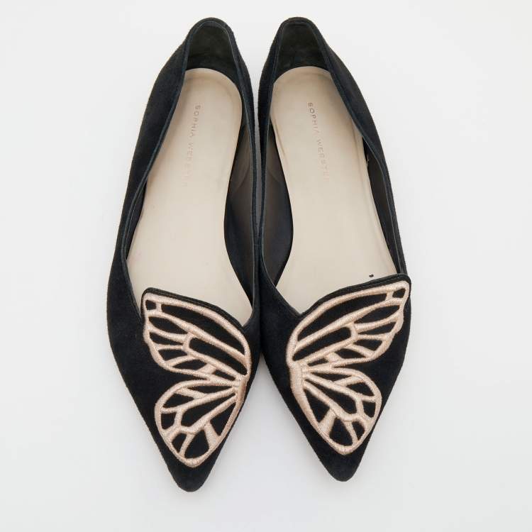 Pre Owned Sophia Webster Black Embroidered Suede Bibi Butterfly Pointed Toe Ballet Flats Size 39.5