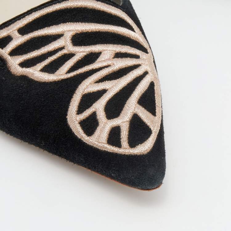 Pre Owned Sophia Webster Black Embroidered Suede Bibi Butterfly Pointed Toe Ballet Flats Size 39.5