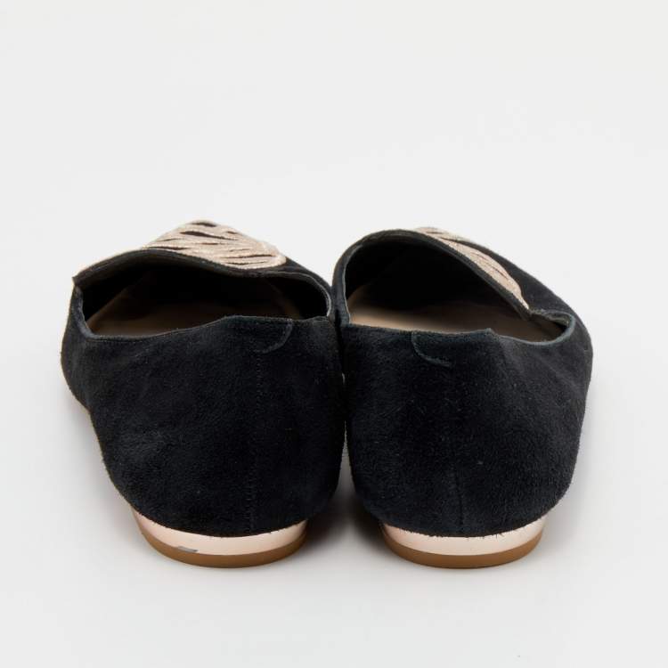 Pre Owned Sophia Webster Black Embroidered Suede Bibi Butterfly Pointed Toe Ballet Flats Size 39.5