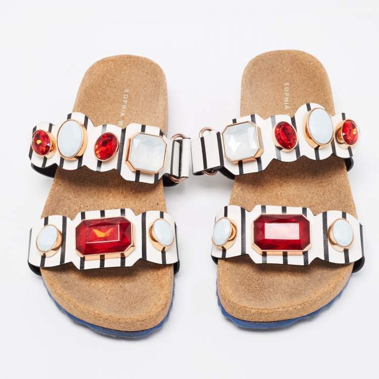 Pre Owned Sophia Webster Black/White Leather Becky Gem Nautical Sandals Size 36