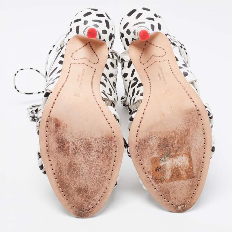 Pre Owned Sophia Webster Black/White Leopard Print Leather Lacey Tie Up Sandals Size 37