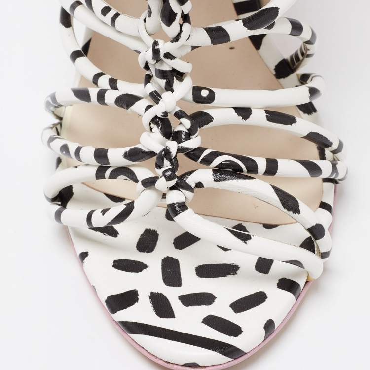 Pre Owned Sophia Webster Black/White Leopard Print Leather Lacey Tie Up Sandals Size 37