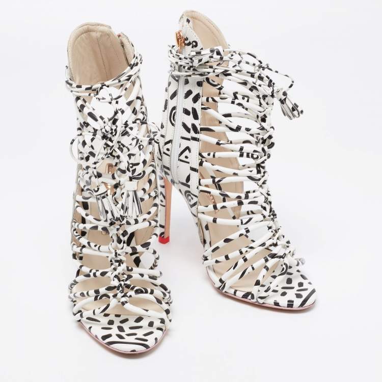 Pre Owned Sophia Webster Black/White Leopard Print Leather Lacey Tie Up Sandals Size 37