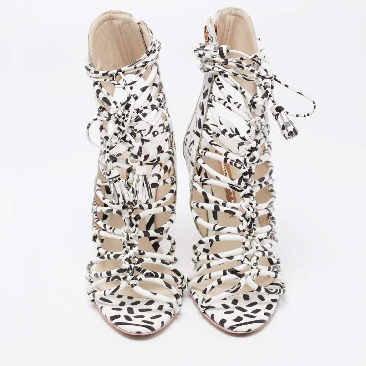 Pre Owned Sophia Webster Black/White Leopard Print Leather Lacey Tie Up Sandals Size 37