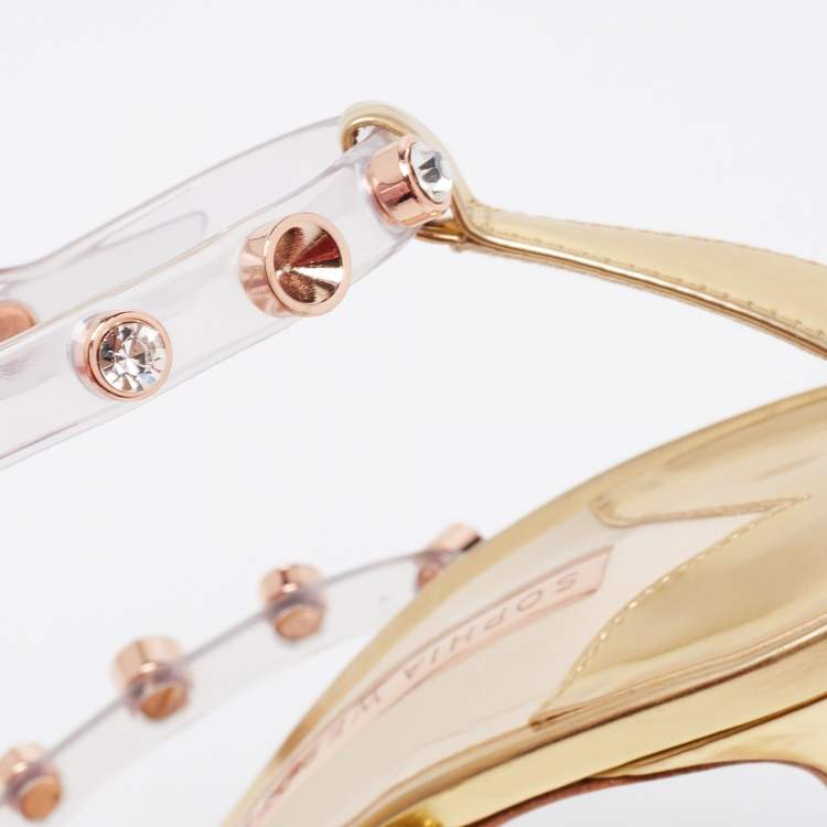 مملوكة مسبقًا Sophia Webster Metallic Gold PVC And Leather Rosalind Crystal Embellished Ankle Strap Sandals Size 39.5