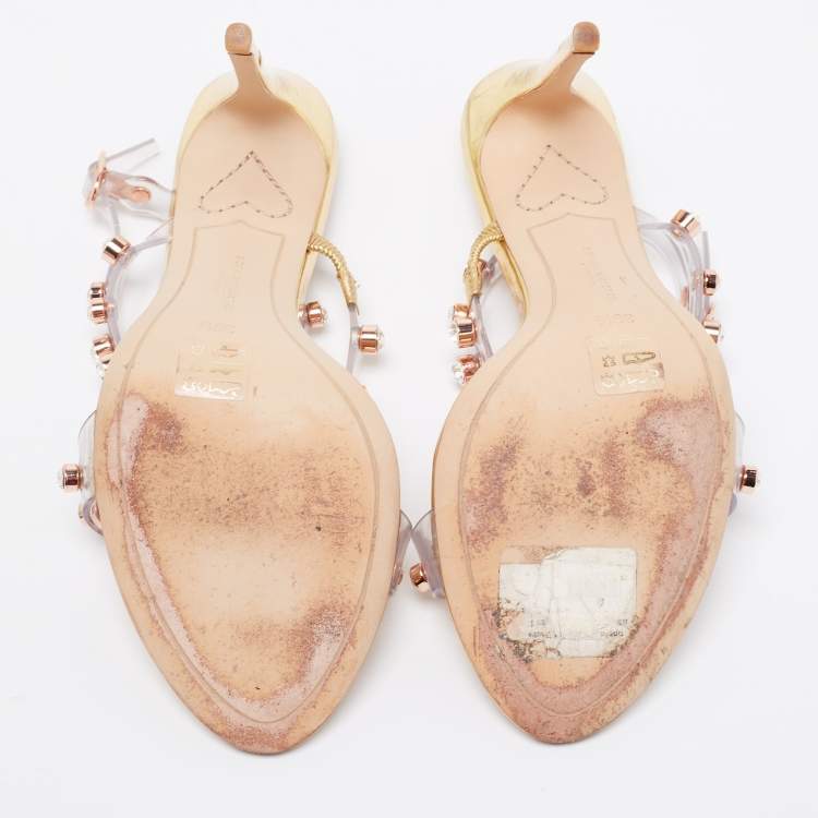 مملوكة مسبقًا Sophia Webster Metallic Gold PVC And Leather Rosalind Crystal Embellished Ankle Strap Sandals Size 39.5