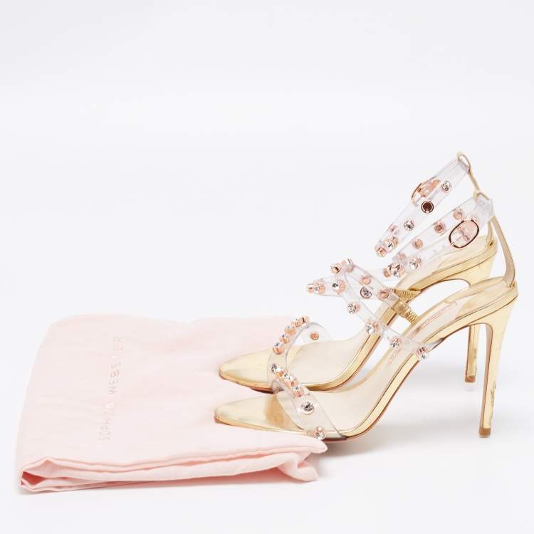 مملوكة مسبقًا Sophia Webster Metallic Gold PVC And Leather Rosalind Crystal Embellished Ankle Strap Sandals Size 39.5
