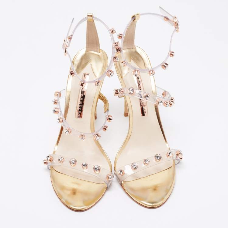 مملوكة مسبقًا Sophia Webster Metallic Gold PVC And Leather Rosalind Crystal Embellished Ankle Strap Sandals Size 39.5