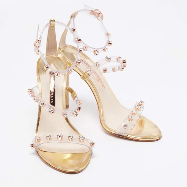 مملوكة مسبقًا Sophia Webster Metallic Gold PVC And Leather Rosalind Crystal Embellished Ankle Strap Sandals Size 39.5