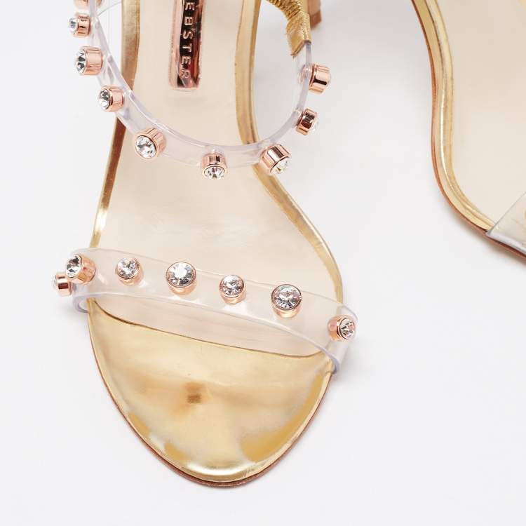 مملوكة مسبقًا Sophia Webster Metallic Gold PVC And Leather Rosalind Crystal Embellished Ankle Strap Sandals Size 39.5