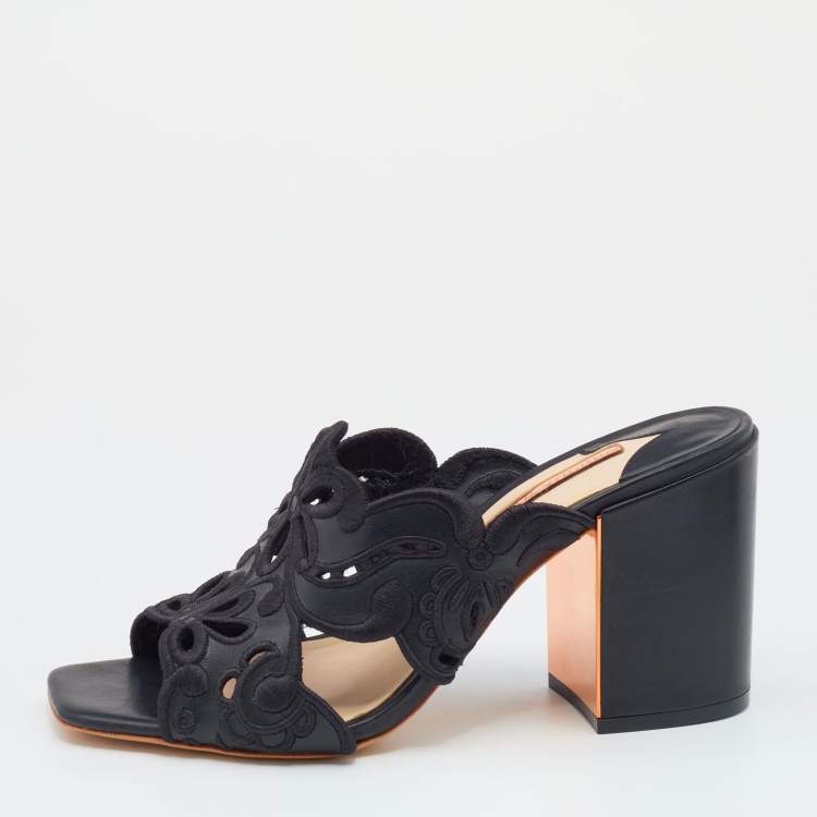 Pre Owned Sophia Webster Black Leather And Lace Embroidery Laser Cut Block Heel Sandals Size 39