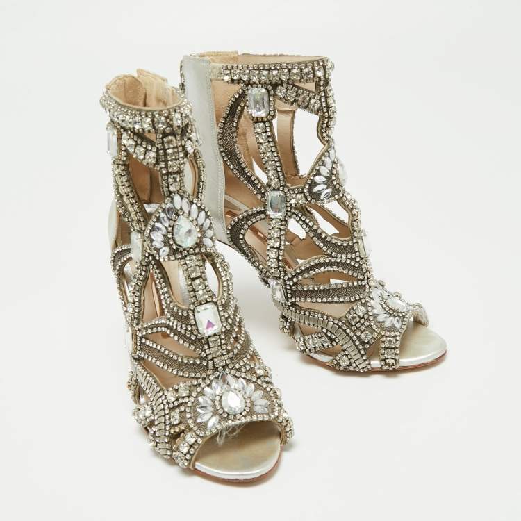 Pre Owned Sophia Webster Silver Fabric and Leather Crystal Embellished Iridessa Caged Booties Size 36