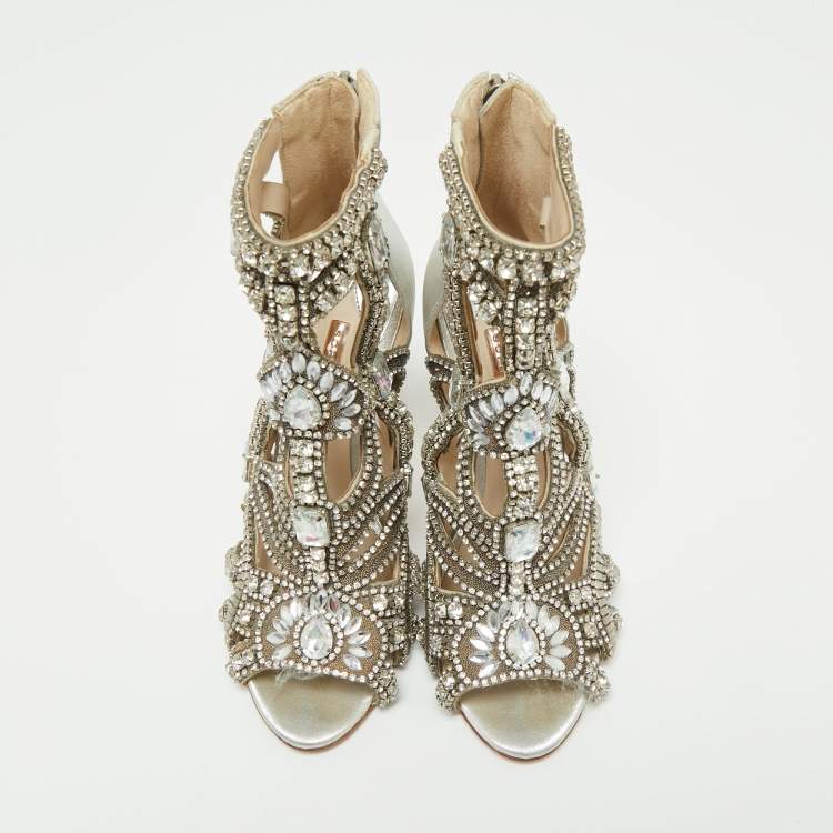 Pre Owned Sophia Webster Silver Fabric and Leather Crystal Embellished Iridessa Caged Booties Size 36
